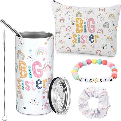 Sieral 4 Pcs Big Sister Gifts for Girls Cute Big Sister Makeup Bag 14oz Stainless Steel Tumbler Scrunchies Bracelet for Little Girls of Age 2-8 New Baby Birthday Baby Shower (Rainbow, Multicolor) in Saudi Arabia