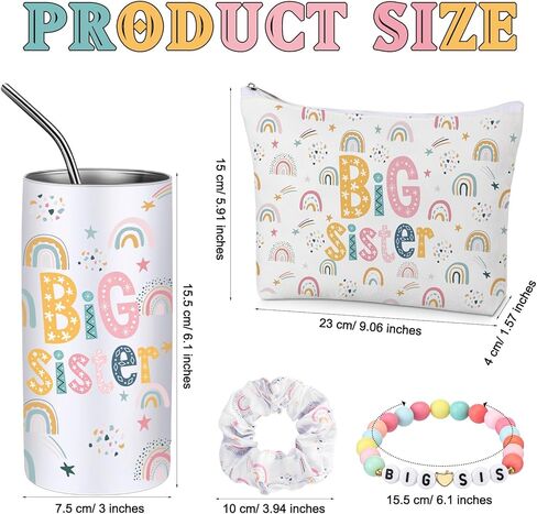 Sieral 4 Pcs Big Sister Gifts for Girls Cute Big Sister Makeup Bag 14oz Stainless Steel Tumbler Scrunchies Bracelet for Little Girls of Age 2-8 New Baby Birthday Baby Shower (Rainbow, Multicolor) in Saudi Arabia