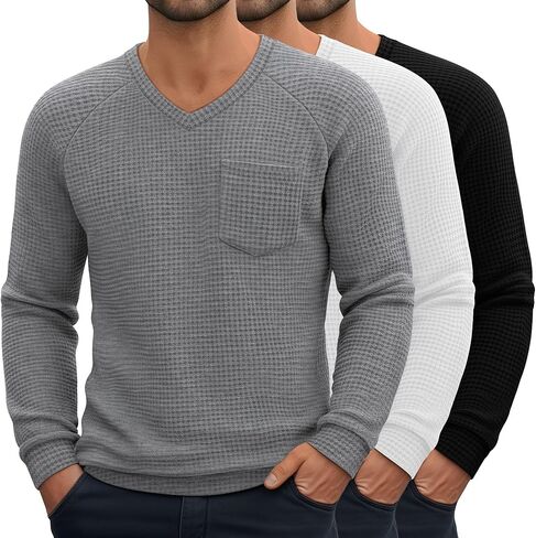 Neer 3 Pack رجالية كبيرة وطويلة الوافل الحرارية قمصان طويلة الأكمام الخامس الرقبة بلايز عادية البلوز متماسكة قميص مع جيوب in Saudi Arabia
