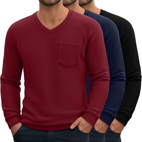 Neer 3 Pack رجالية كبيرة وطويلة الوافل الحرارية قمصان طويلة الأكمام الخامس الرقبة بلايز عادية البلوز متماسكة قميص مع جيوب in Saudi Arabia