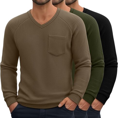 Neer 3 Pack رجالية كبيرة وطويلة الوافل الحرارية قمصان طويلة الأكمام الخامس الرقبة بلايز عادية البلوز متماسكة قميص مع جيوب in Saudi Arabia