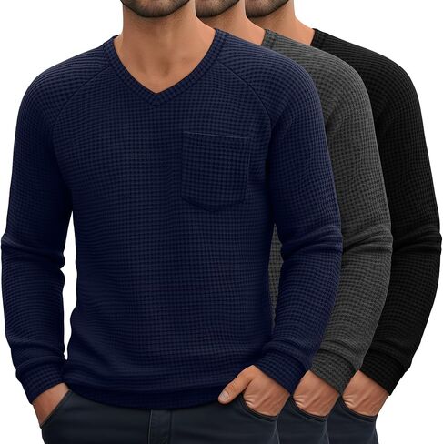 Neer 3 Pack رجالية كبيرة وطويلة الوافل الحرارية قمصان طويلة الأكمام الخامس الرقبة بلايز عادية البلوز متماسكة قميص مع جيوب in Saudi Arabia