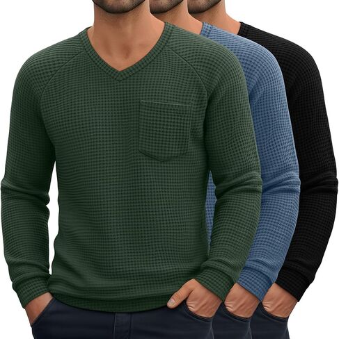Neer 3 Pack رجالية كبيرة وطويلة الوافل الحرارية قمصان طويلة الأكمام الخامس الرقبة بلايز عادية البلوز متماسكة قميص مع جيوب in Saudi Arabia