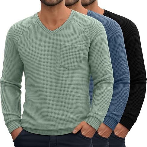 Neer 3 Pack رجالية كبيرة وطويلة الوافل الحرارية قمصان طويلة الأكمام الخامس الرقبة بلايز عادية البلوز متماسكة قميص مع جيوب in Saudi Arabia