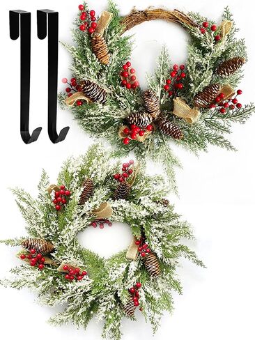 23" Christmas Wreath for Front Door with Hangers, Outdoor Christmas Wreath with Pinecones, Red Berries, Burlap Ribbon & Snowflake, Winter Wreaths Flocked with Mixed Decorations, 2 Pack in Saudi Arabia