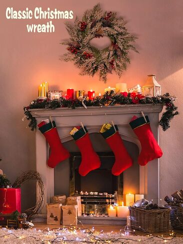 إكليل عيد الميلاد مقاس 23 بوصة للباب الأمامي مع شماعات، إكليل عيد الميلاد في الهواء الطلق مع أكواز الصنوبر والتوت الأحمر وشريط الخيش وندفة الثلج، وأكاليل الشتاء المملوءة بزخارف مختلطة، عبوتان in Kuwait
