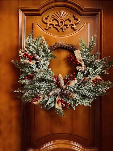 23" Christmas Wreath for Front Door with Hangers, Outdoor Christmas Wreath with Pinecones, Red Berries, Burlap Ribbon & Snowflake, Winter Wreaths Flocked with Mixed Decorations, 2 Pack in Saudi Arabia
