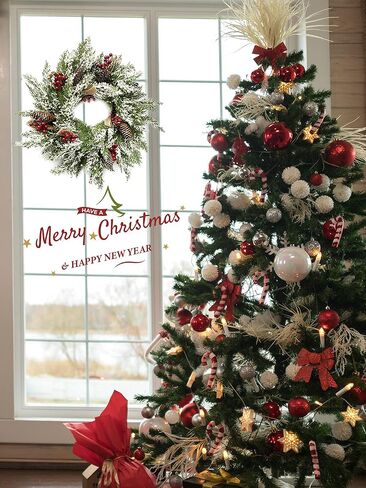 23" Christmas Wreath for Front Door with Hangers, Outdoor Christmas Wreath with Pinecones, Red Berries, Burlap Ribbon & Snowflake, Winter Wreaths Flocked with Mixed Decorations, 2 Pack in Saudi Arabia