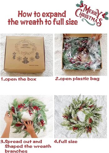 إكليل عيد الميلاد مقاس 23 بوصة للباب الأمامي مع شماعات، إكليل عيد الميلاد في الهواء الطلق مع أكواز الصنوبر والتوت الأحمر وشريط الخيش وندفة الثلج، وأكاليل الشتاء المملوءة بزخارف مختلطة، عبوتان in Kuwait