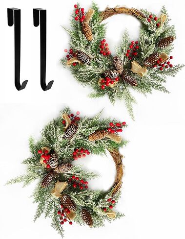 23" Christmas Wreath for Front Door with Hangers, Outdoor Christmas Wreath with Pinecones, Red Berries, Burlap Ribbon & Snowflake, Winter Wreaths Flocked with Mixed Decorations, 2 Pack in Saudi Arabia