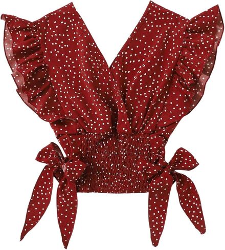 RoseSeek Women's Bow Tie Polka Dots Crop Blouse Wrap V Neck Ruffle Cap Sleeve Shirred Shirt in Saudi Arabia