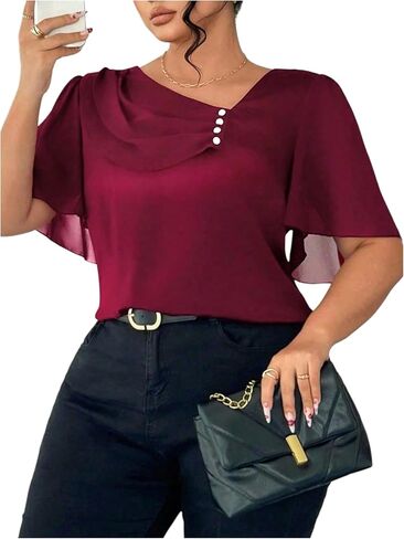 Floerns Women's Plus Size Elegant Short Sleeve Blouse Tops Asymmetrical Neck Dressy Casual Shirts in Saudi Arabia