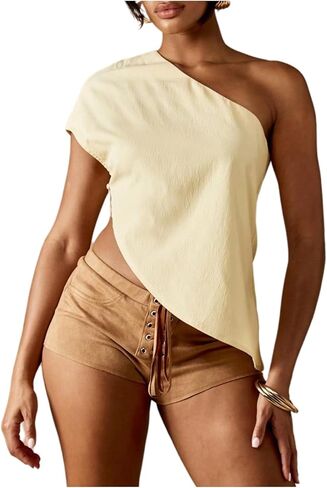 OYOANGLE Women's One Shoulder Asymmetrical Tops Fashion Short Sleeve Clubwear Cocktail Blouse in Saudi Arabia