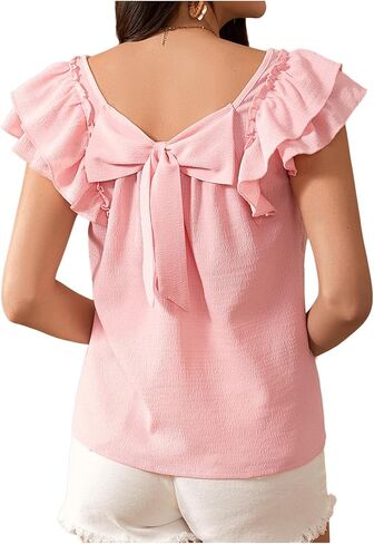 Women's Bow Back Blouse Square Neck Ruffle Cap Sleeve Shirt in Saudi Arabia