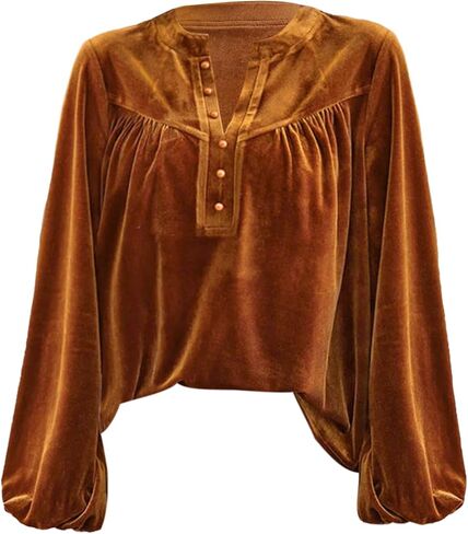 Floerns Women's Vintage Lantern Sleeve Velvet Shirts V Neck Fall Outfit 1970s Dressy Casual Blouse Tops in Saudi Arabia