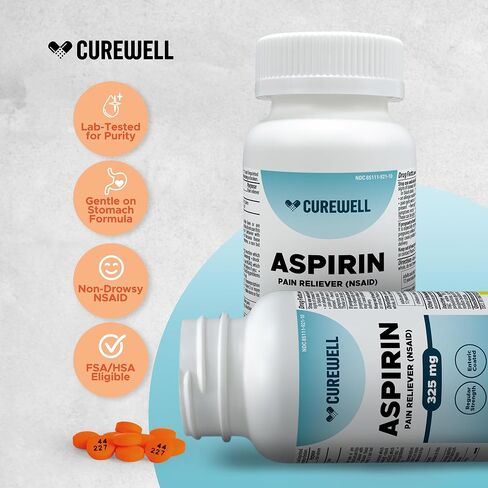 CUREWELL Enteric Coated Aspirin Tablets 325mg (500 Count) NSAID Pain Reliever & Fever Reducer Coated Aspirin for Adults - Regular Strength for Headache Arthritis Menstrual & Muscle Pain in Saudi Arabia