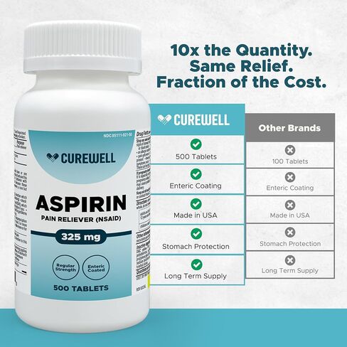 CUREWELL Enteric Coated Aspirin Tablets 325mg (500 Count) NSAID Pain Reliever & Fever Reducer Coated Aspirin for Adults - Regular Strength for Headache Arthritis Menstrual & Muscle Pain in Saudi Arabia