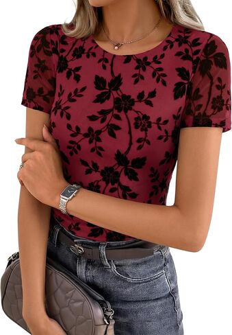 ZESICA Summer Floral Short Sleeve Tops for Womens 2026 Casual Crew Neck Going Out Mesh Shirts Fashion Clothes in Saudi Arabia