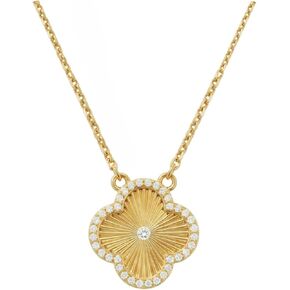 14k Gold Plated Clover Necklace for Women, Sparkling Four-Leaf Shiny Gold-Plated Clover Pendant with Diamond Cut Texture, a Cubic Zirconia Solitaire Center and Pave CZ Halo, Adjustable Size, Trendy Jewelry Gifts Perfect for Her in Saudi Arabia
