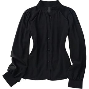 OYOANGLE Women's Band Collar Button Down Blouse Sheer Lantern Long Sleeve Dressy Shirt Tops in Saudi Arabia