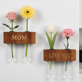 Mini Magnetic Wooden Vases with MOM & Love You Engraving - Wood Blocks with Test Tubes, Tabletop & Fridge Decor, Mom Gifts from Daughter, Unique Birthday Gifts for Mom from Son (Walnut) in Kuwait