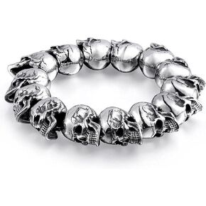 Alloy Heavy Skull Bracelet with String of 3D Skulls Gothic Punk Rock and Roll Silver Color Polished Jewelry for Men Skull Bracelet Beads for Men Women Charm in Saudi Arabia