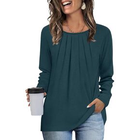 سترة نسائية طويلة الأكمام من Findsweet، قمصان كاجوال أنيقة ذات ثنيات ورقبة دائرية، عصرية in Kuwait