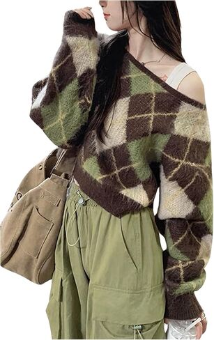SweatyRocks Women's Vintage Argyle Plaid Sweaters Off Shoulder Long Sleeve Crop Knit Pullover Top in Saudi Arabia