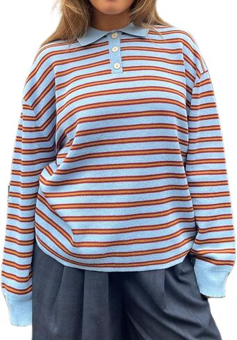 Women Polo Collar Striped Knit Sweater Vintage 90s Long Sleeve Oversized Sweaters Pullover Grunge Preppy Sweatshirt in Saudi Arabia