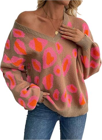 SOLY HUX Women's Leopard Print Knit Sweater V Neck Long Sleeve Tops Casual Pullover Fall Outfit in Saudi Arabia