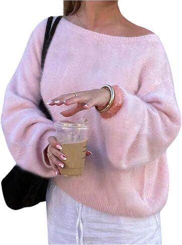 SHENHE Women's Fuzzy Knit Sweater Off Shoulder Oversized Dressy Casual Fall Cozy Sweater in Saudi Arabia