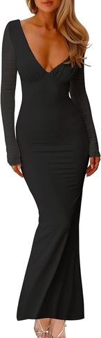 HOCILLE Women's Sexy V Neck Long Sleeve Bodycon Wedding Guest Elegant Maxi Cocktail Party Dresses in Kuwait