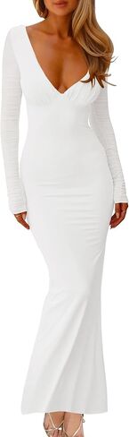 HOCILLE Women's Sexy V Neck Long Sleeve Bodycon Wedding Guest Elegant Maxi Cocktail Party Dresses in Saudi Arabia