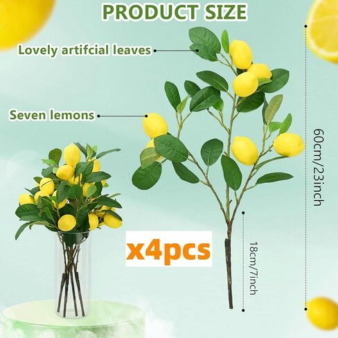 Cllenarun 4pcs 23.6-inch Artificial Lemon Branches, Lemon Stems Fake Lemons & Fake Limes for Lemon Party Decorations, Kitchen, Spring Summer Decor in Saudi Arabia