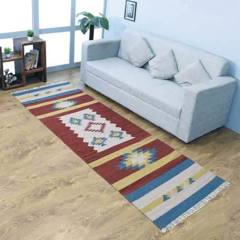 Hand Woven Flat Weave Kilim Wool ECO-Friendly Area Rugs - 2'6''x6', Runner Shape, Multicolor Color, Contemporary Modern Design, Low Pile Handmade Rugs for Living Room (D00124) in Saudi Arabia