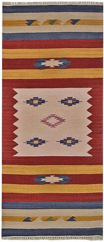 Hand Woven Flat Weave Kilim Wool ECO-Friendly Area Rugs - 2'6''x6', Runner Shape, Multicolor Color, Contemporary Modern Design, Low Pile Handmade Rugs for Living Room (D00124) in Saudi Arabia