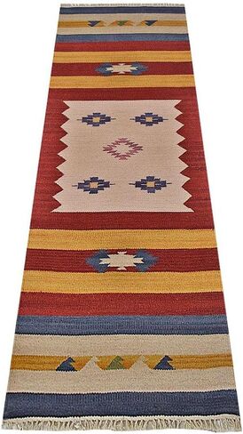 Hand Woven Flat Weave Kilim Wool ECO-Friendly Area Rugs - 2'6''x6', Runner Shape, Multicolor Color, Contemporary Modern Design, Low Pile Handmade Rugs for Living Room (D00124) in Saudi Arabia
