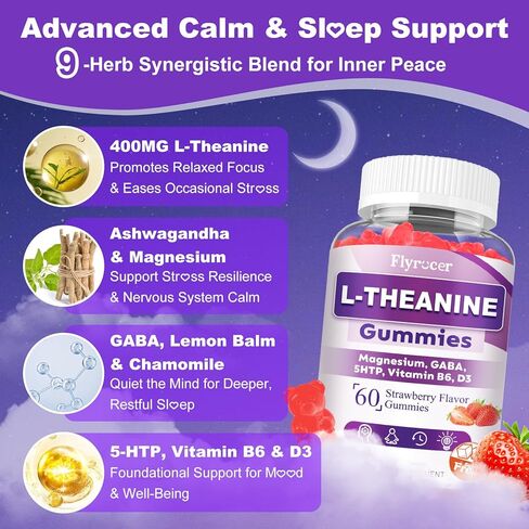 Sugar Free L-Theanine Gummies, L Theanine Supplement for Adults & Kids, L'Theanine 400MG with Ashwagandha, Magnesium, 5HTP & GABA - Support Calm, Relax, zzZ, Focus, Vegan Strawberry Flavor, 60 Count in Saudi Arabia