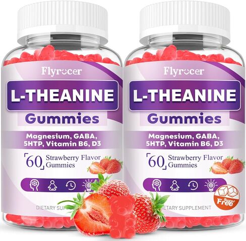 Sugar Free L-Theanine Gummies, L Theanine Supplement for Adults & Kids, L'Theanine 400MG with Ashwagandha, Magnesium, 5HTP & GABA - Support Calm, Relax, zzZ, Focus, Vegan Strawberry Flavor, 60 Count in Saudi Arabia