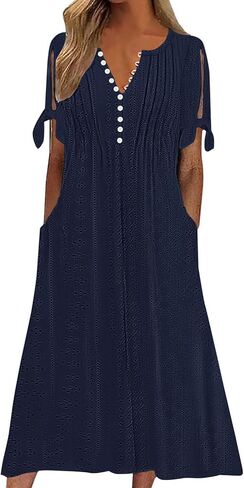 kipfall Maxi Dress for Women Trendy Cold Shoulder Eyelet Tshirt Dresses Casual Summer Pleated Flowy Sundress with Pockets in Saudi Arabia