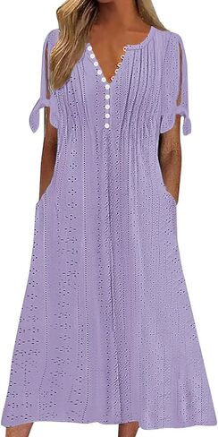 kipfall Maxi Dress for Women Trendy Cold Shoulder Eyelet Tshirt Dresses Casual Summer Pleated Flowy Sundress with Pockets in Saudi Arabia