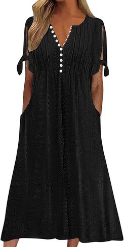 kipfall Maxi Dress for Women Trendy Cold Shoulder Eyelet Tshirt Dresses Casual Summer Pleated Flowy Sundress with Pockets in Saudi Arabia