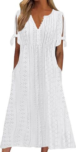 kipfall Maxi Dress for Women Trendy Cold Shoulder Eyelet Tshirt Dresses Casual Summer Pleated Flowy Sundress with Pockets in Saudi Arabia