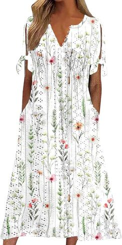 kipfall Maxi Dress for Women Trendy Cold Shoulder Eyelet Tshirt Dresses Casual Summer Pleated Flowy Sundress with Pockets in Saudi Arabia
