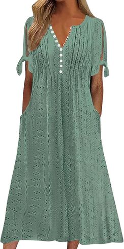 kipfall Maxi Dress for Women Trendy Cold Shoulder Eyelet Tshirt Dresses Casual Summer Pleated Flowy Sundress with Pockets in Saudi Arabia