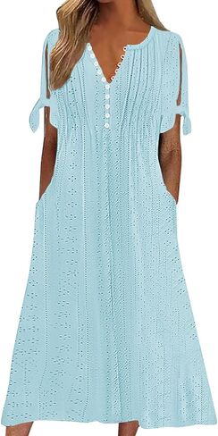 kipfall Maxi Dress for Women Trendy Cold Shoulder Eyelet Tshirt Dresses Casual Summer Pleated Flowy Sundress with Pockets in Saudi Arabia