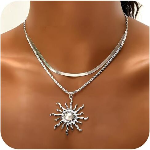 Sun Necklace for Women 14K Gold Silver Plated Layered Charm Necklace Double Chain Charm Pendant Necklaces Trendy Daily Wear Statement Jewelry Gift in Kuwait