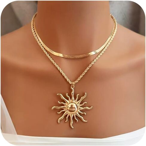 Sun Necklace for Women 14K Gold Silver Plated Layered Charm Necklace Double Chain Charm Pendant Necklaces Trendy Daily Wear Statement Jewelry Gift in Saudi Arabia