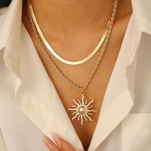 Sun Necklace for Women 14K Gold Silver Plated Layered Charm Necklace Double Chain Charm Pendant Necklaces Trendy Daily Wear Statement Jewelry Gift in Saudi Arabia