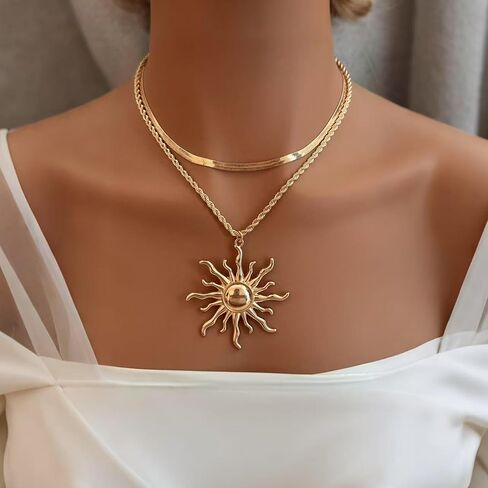 Sun Necklace for Women 14K Gold Silver Plated Layered Charm Necklace Double Chain Charm Pendant Necklaces Trendy Daily Wear Statement Jewelry Gift in Saudi Arabia